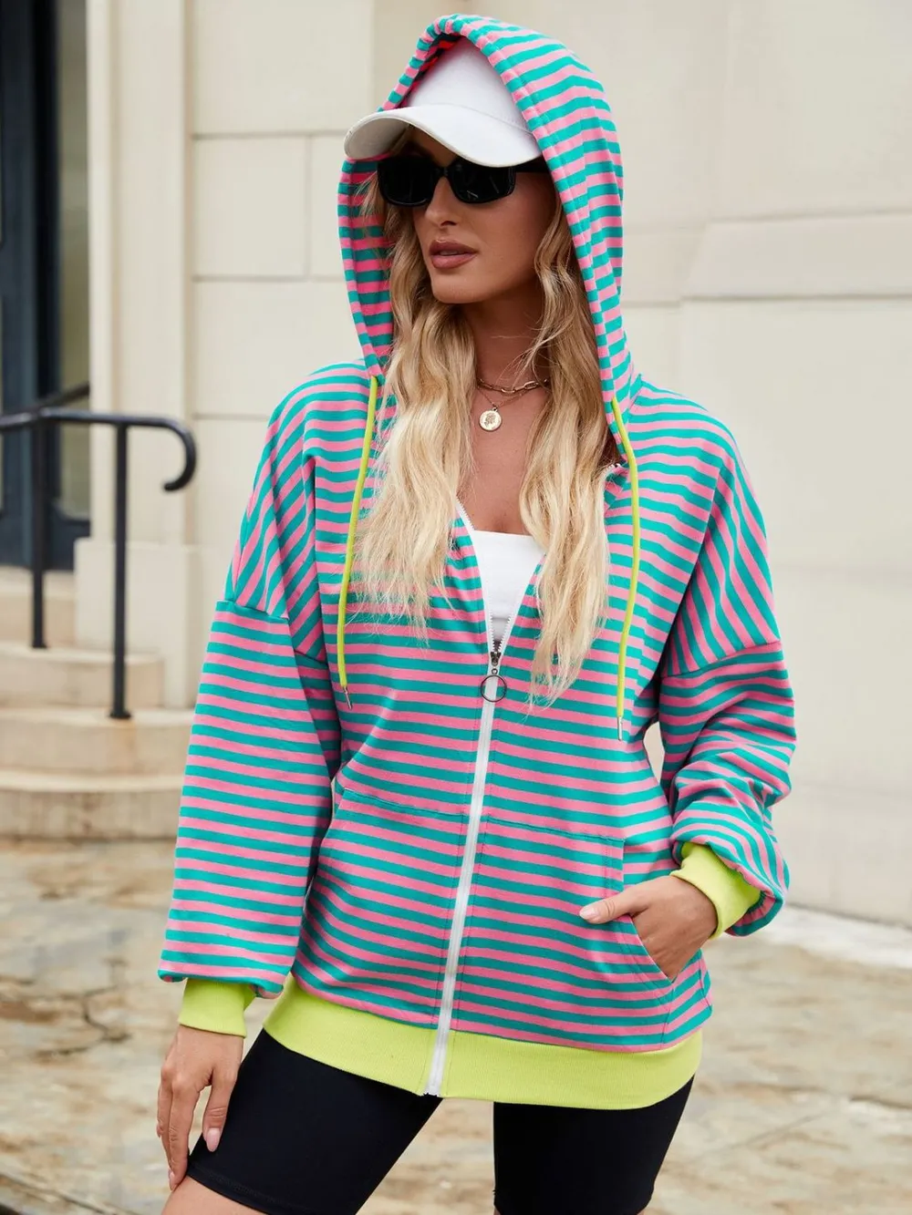 Drawstring Striped Zip Up Long Sleeve Hoodie, image 2