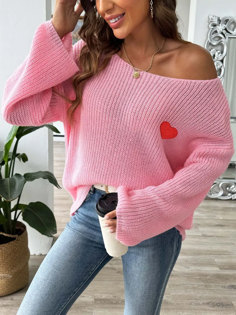 Heart Boat Neck Dropped Shoulder Sweater, image 10