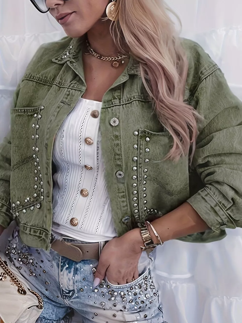 Studded Button Up Wash Denim Jacket, image 10