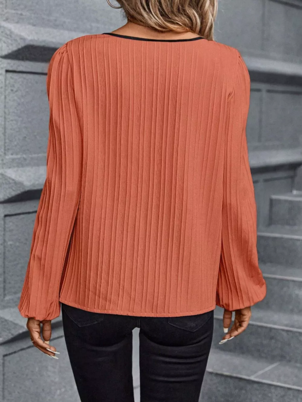 Contrast Notched Long Sleeve Blouse, image 11
