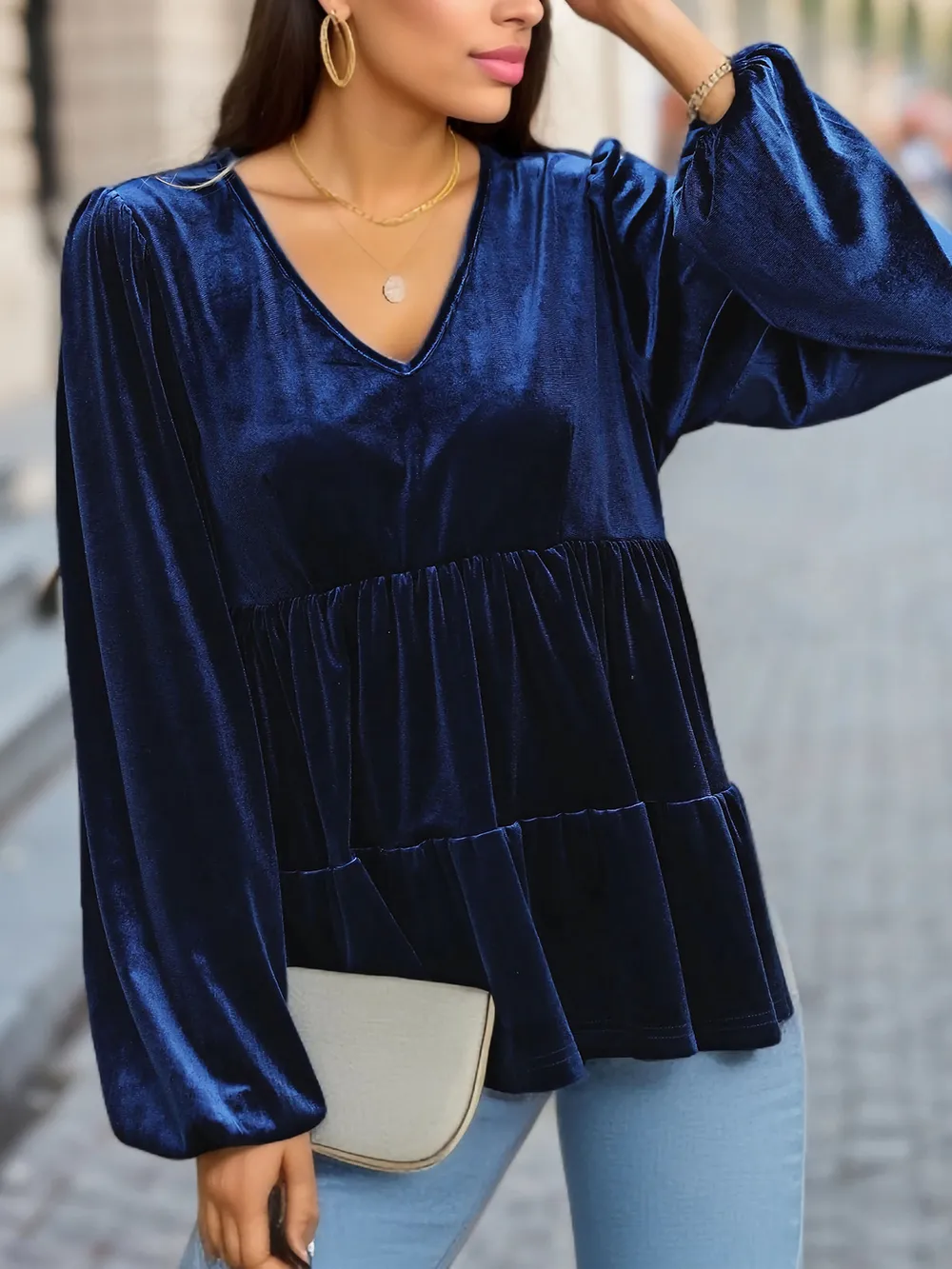 V-Neck Balloon Sleeve Peplum Blouse, image 6