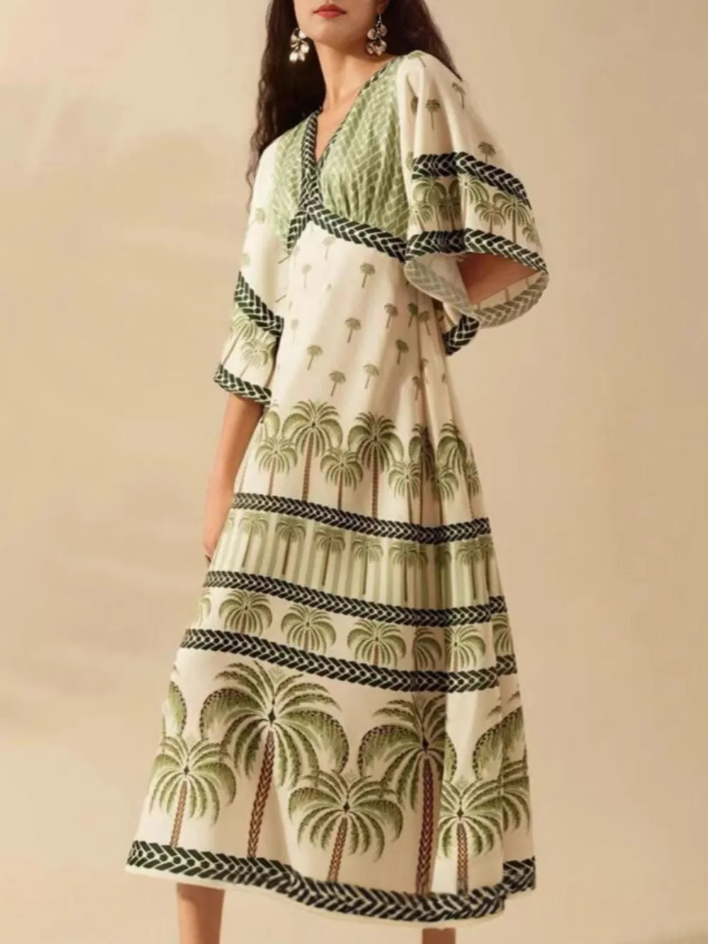 Palm Print V-Neck Midi Dress, image 10