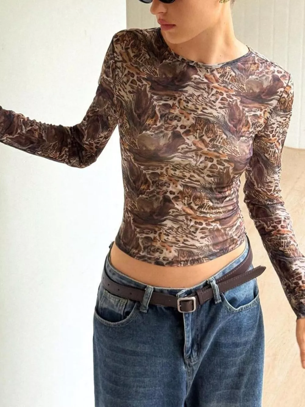 Leopard Print Long Sleeve Mesh Top, image 5