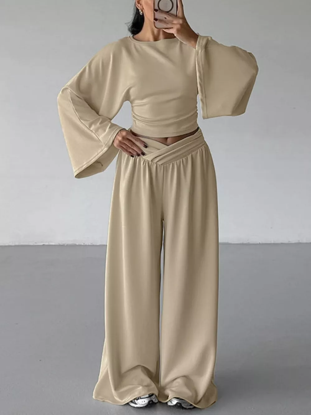 Round Neck Top and Wide Leg Pants Set, image 3