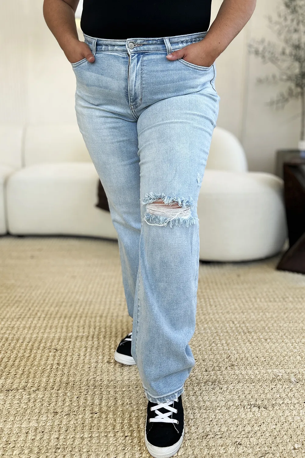 Full Size High Waist Distressed Straight Jeans, image 7
