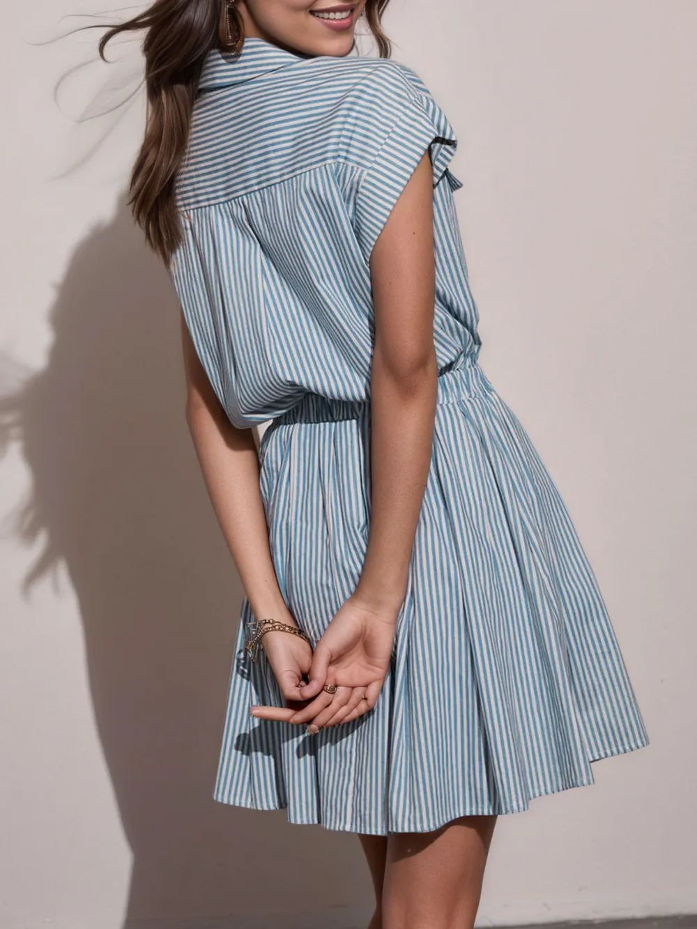 Hlaf Button Striped Cap Sleeve Mini Shirt Dress, image 3