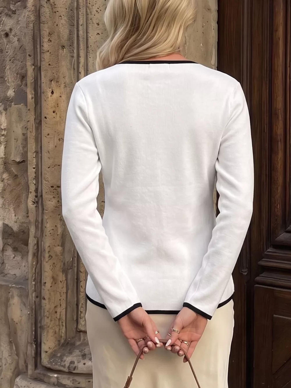 Contrast Trim Button Decor Knit Top, image 6