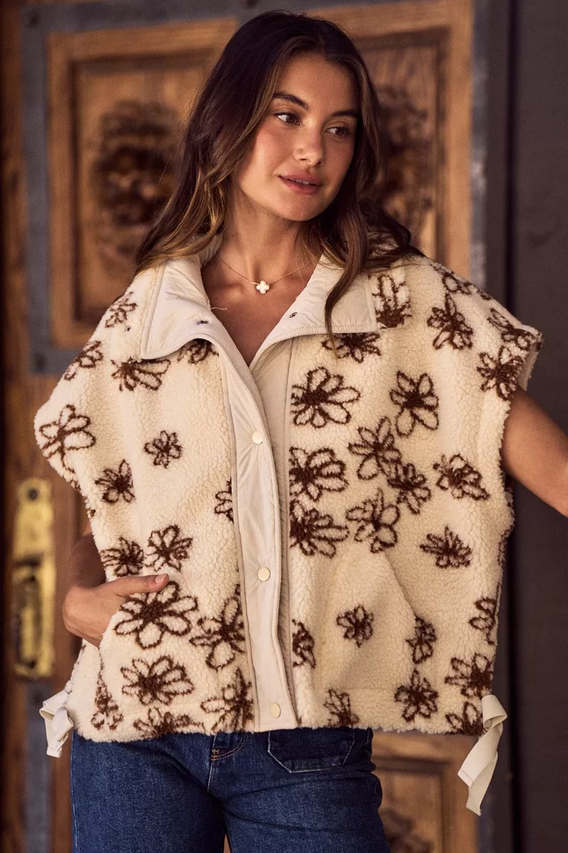 Flower Sherpa Fur Oversized Sleeveless Vest Jacket, image 4