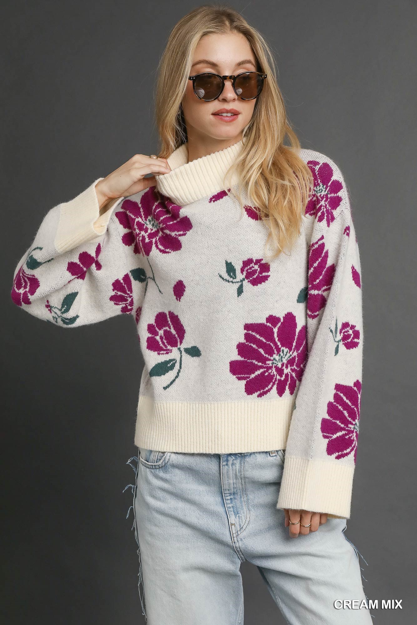 Floral Patterned Mock Neck Sweater