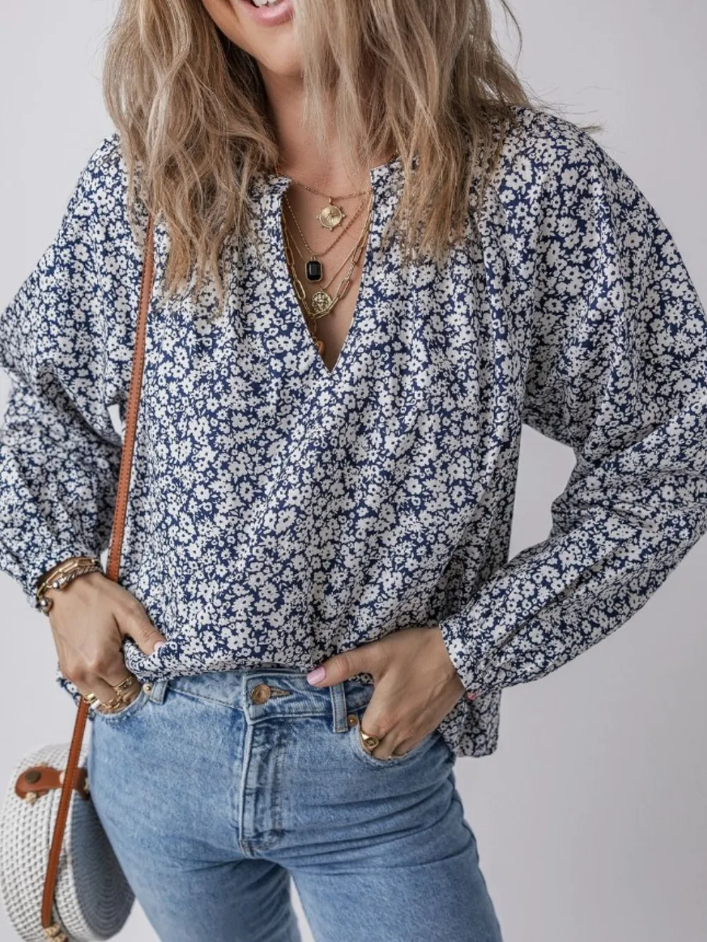 Floral Print Notched Long Sleeve Blouse, image 8