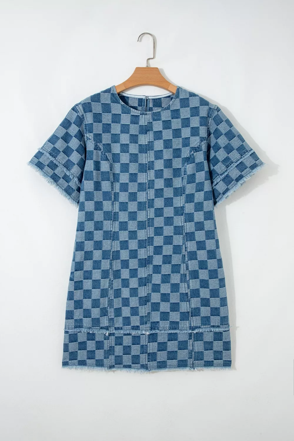 Frayed Hem Checkered Denim Mini Dress, image 5
