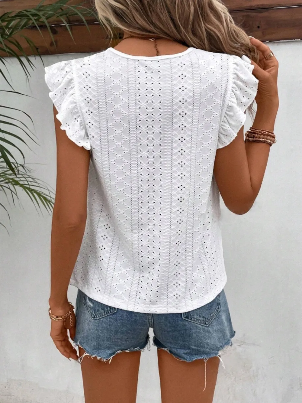 Eyelet Round Neck Cap Sleeve Top, image 24