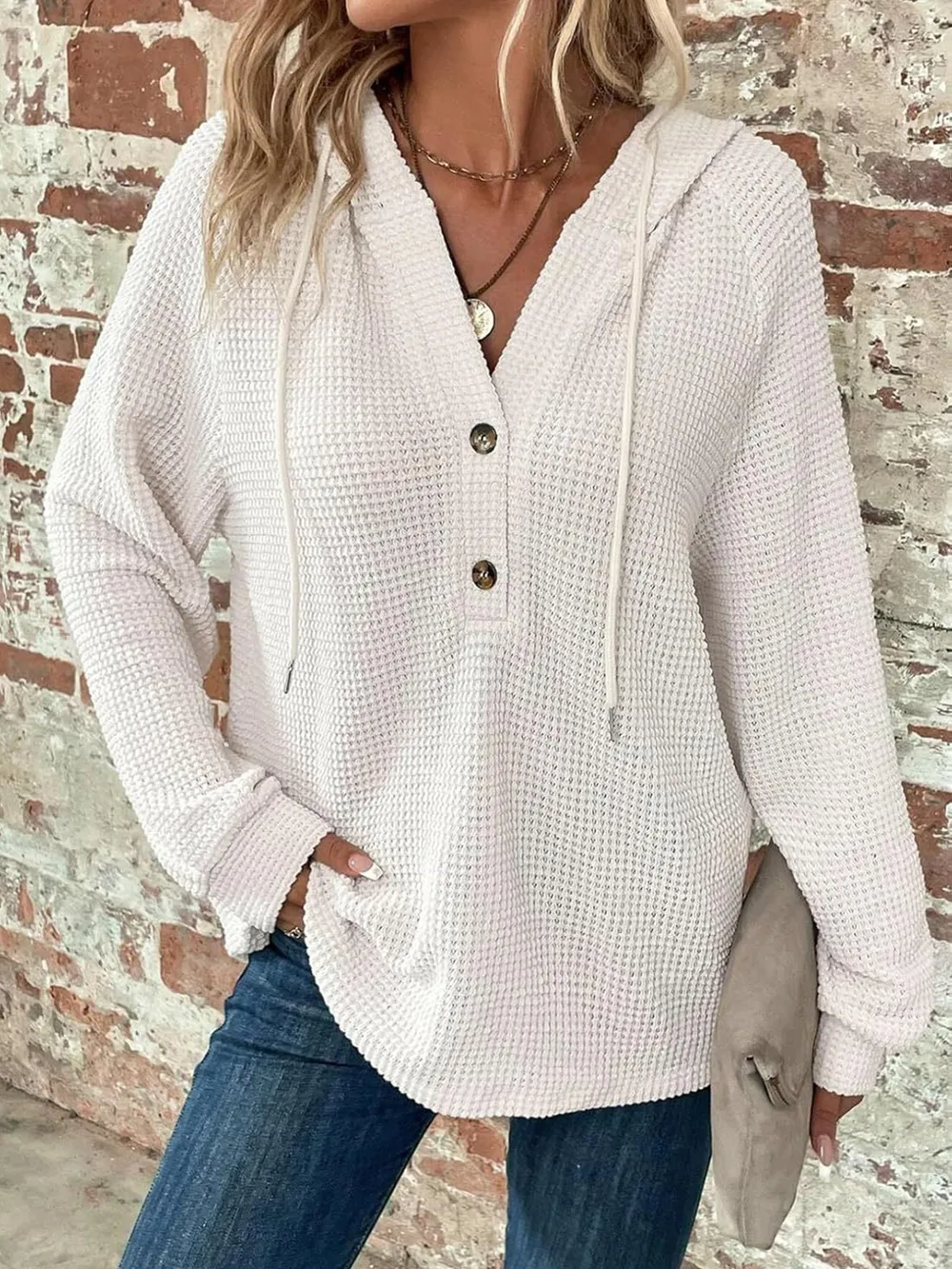 Waffle Knit Long Sleeve Drawstring Hooded Top, image 4