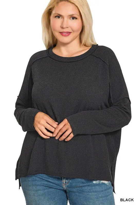 Full Size Exposed Seam Long Sleeve Corded Rib Knit Top Plus Size, image 3