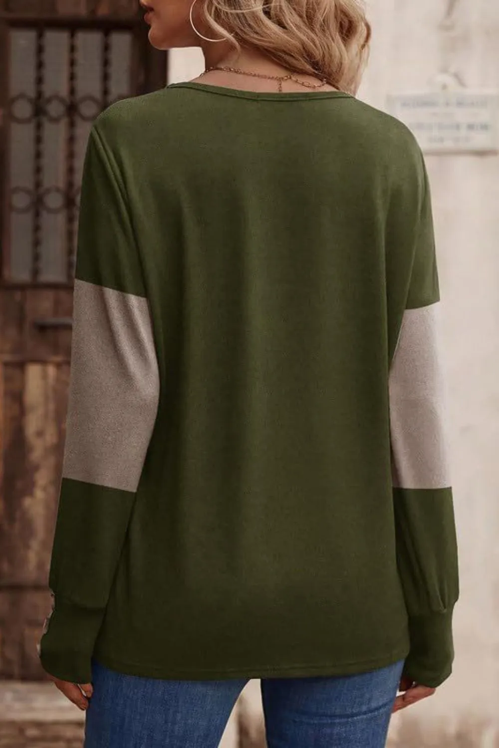 Decorative Button Contrast V-Neck Long Sleeve T-Shirt, image 11