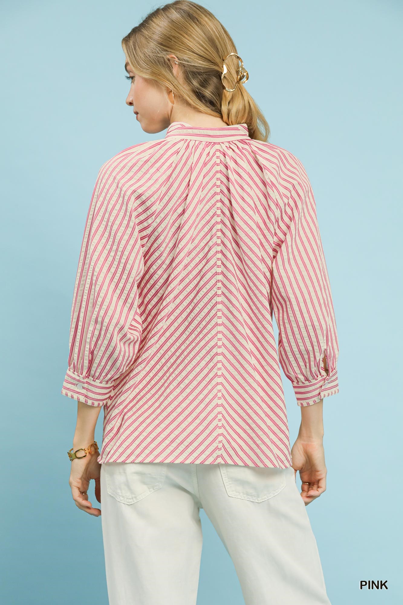 Striped V-Neck Button Down Top, image 4