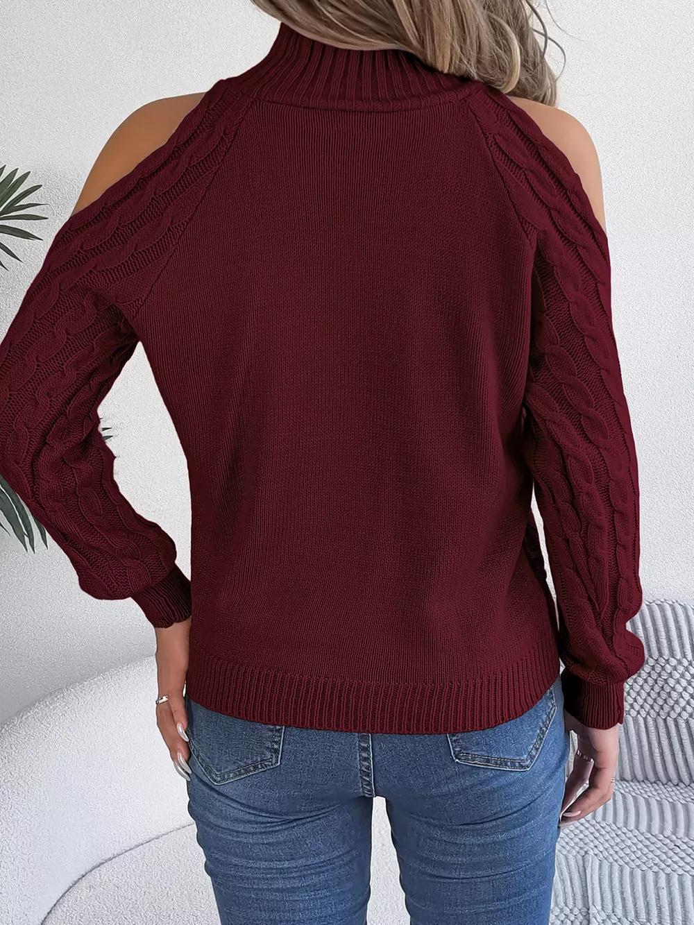 Cable Knit Cold Shoulder Turtleneck Sweater, image 19