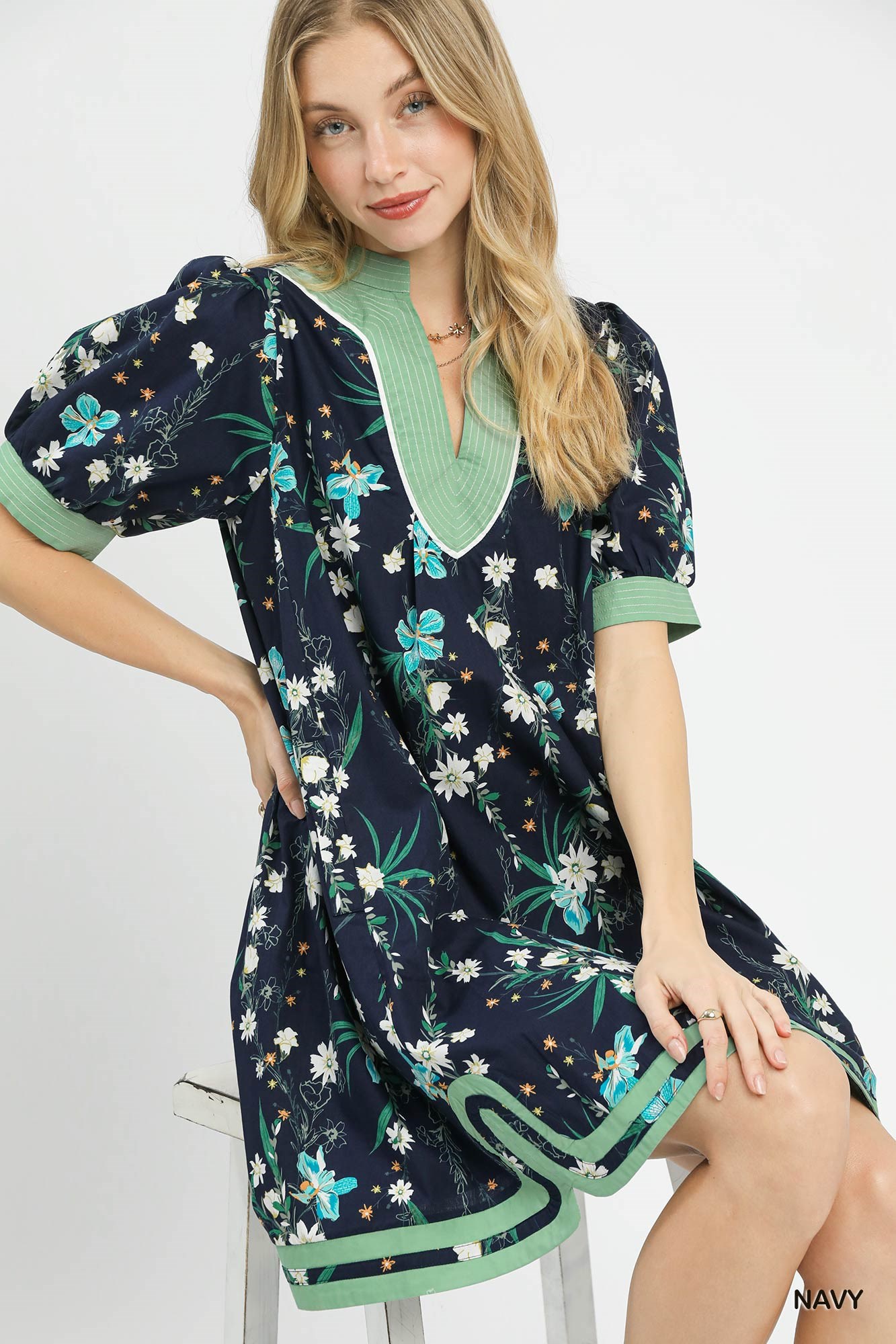 Floral Puff Sleeve Dress with Contrast Trim, image 5