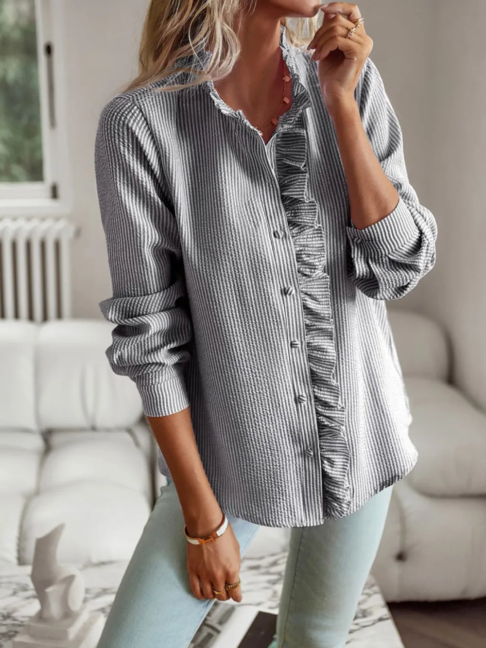 Ruffle Trim Long Sleeve Shirt, image 8