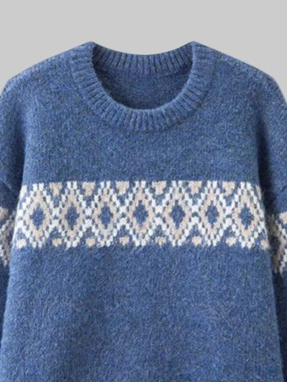 Full Size Vintage Patterned Round Neck Sweater Plus Size, image 20