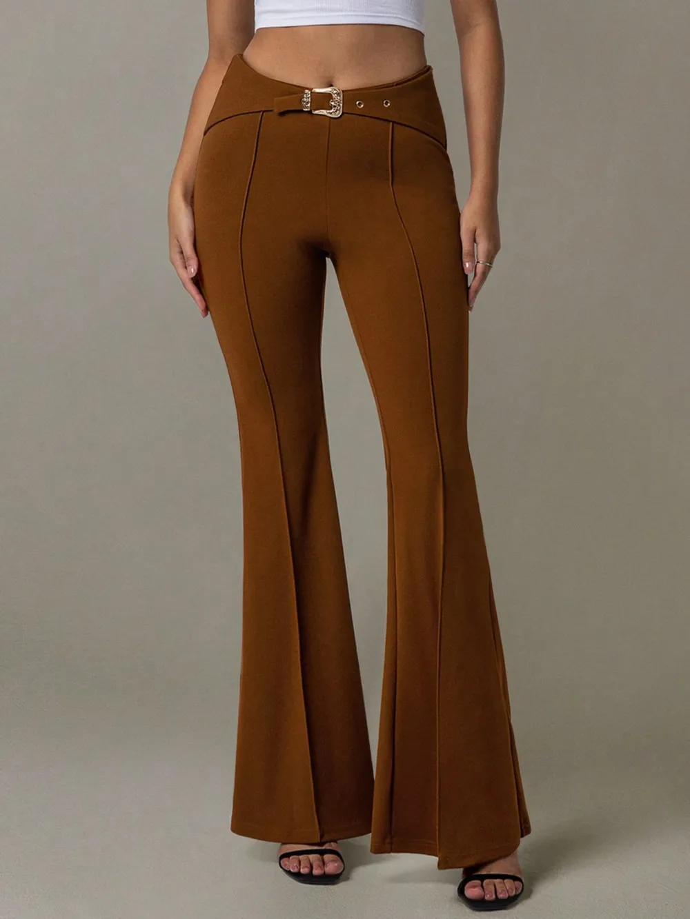 High Waist Flare Pants with Buckle Belt, image 7