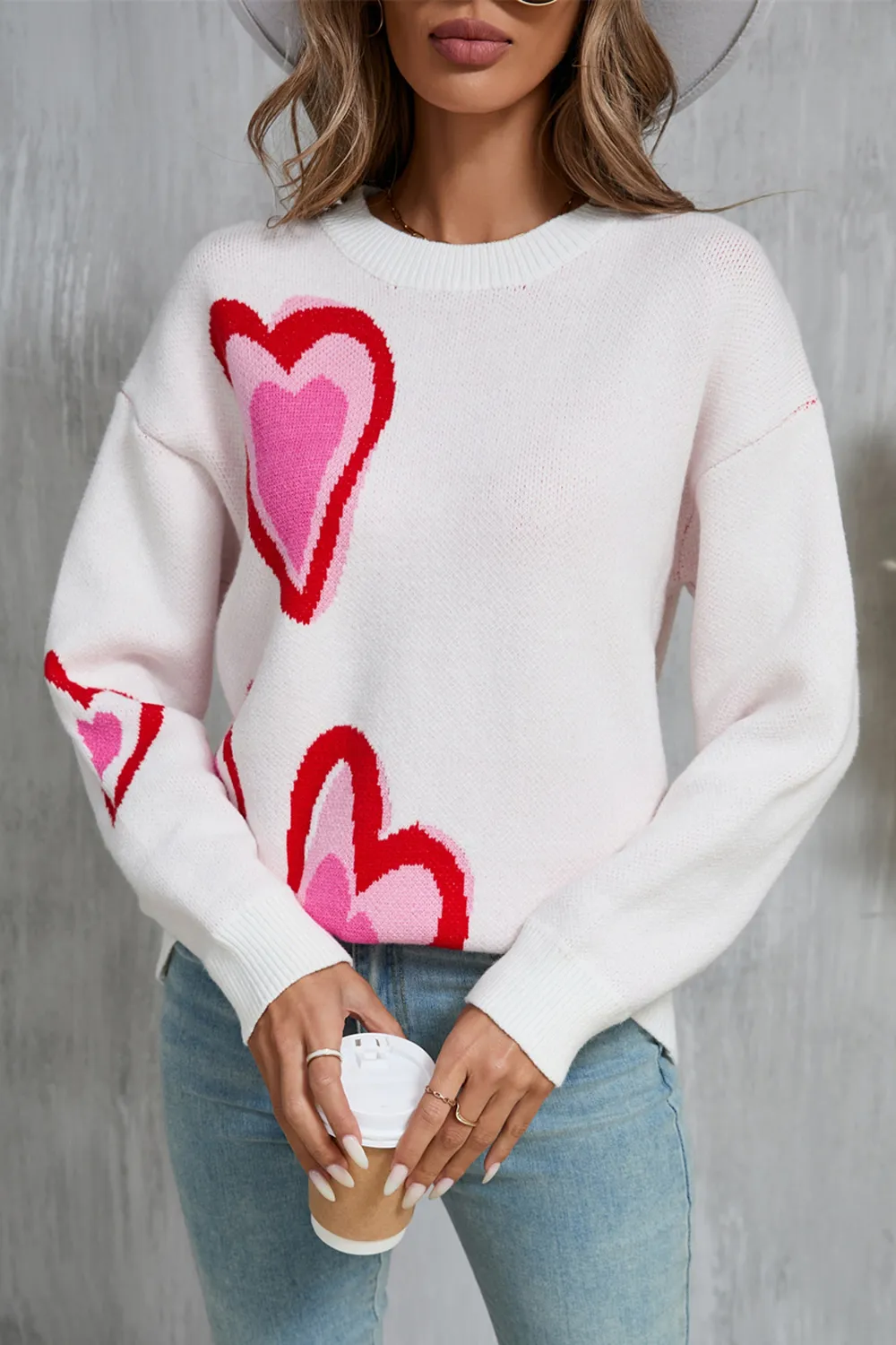 Heart Round Neck Long Sleeve Sweater, image 4
