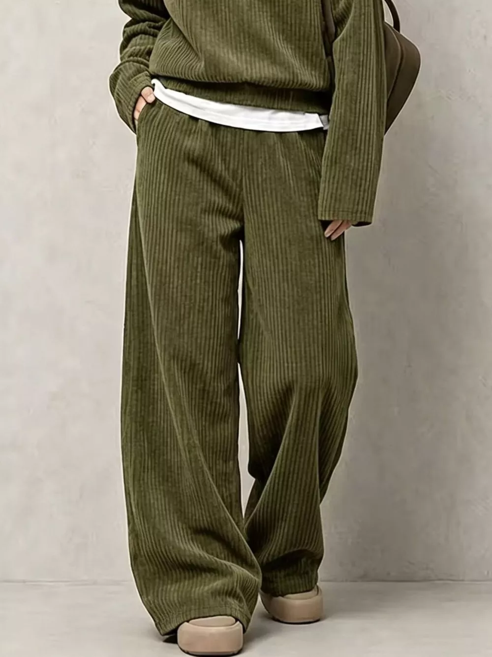 Corduroy Button Detail Top and Wide-Leg Pants Set, image 6