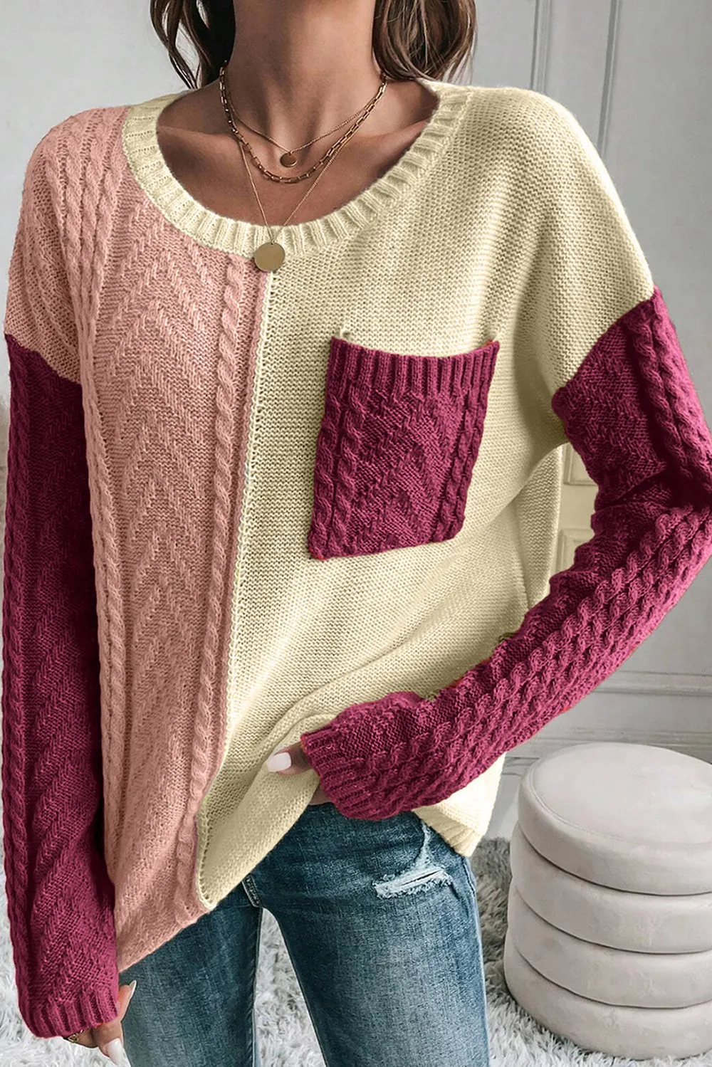 Full Size Color Block Drop Shoulder Sweater, image 5