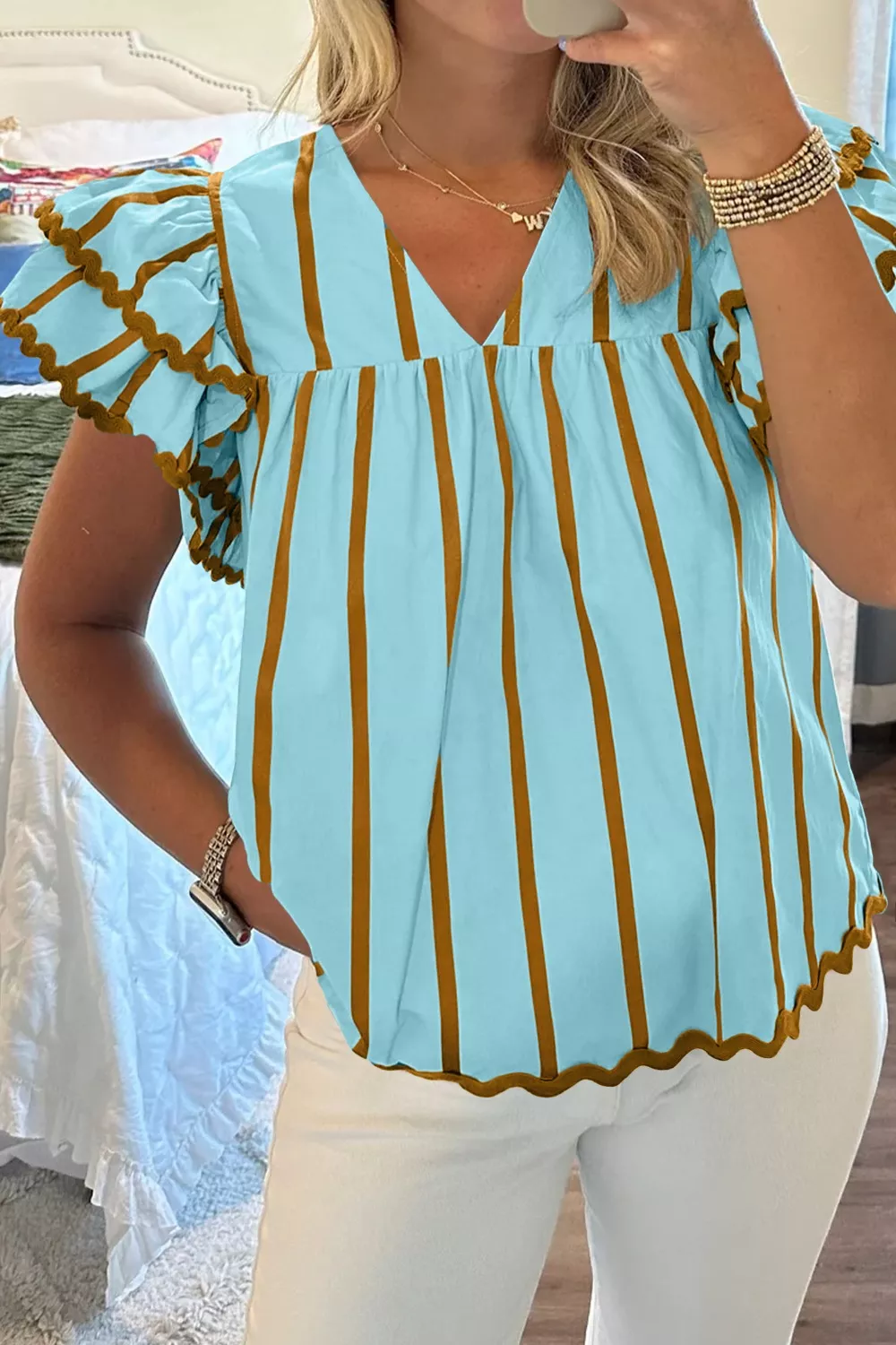 Stripe Ricrac Trim Double Ruffled Short Sleeve V Neck Blouse, image 3