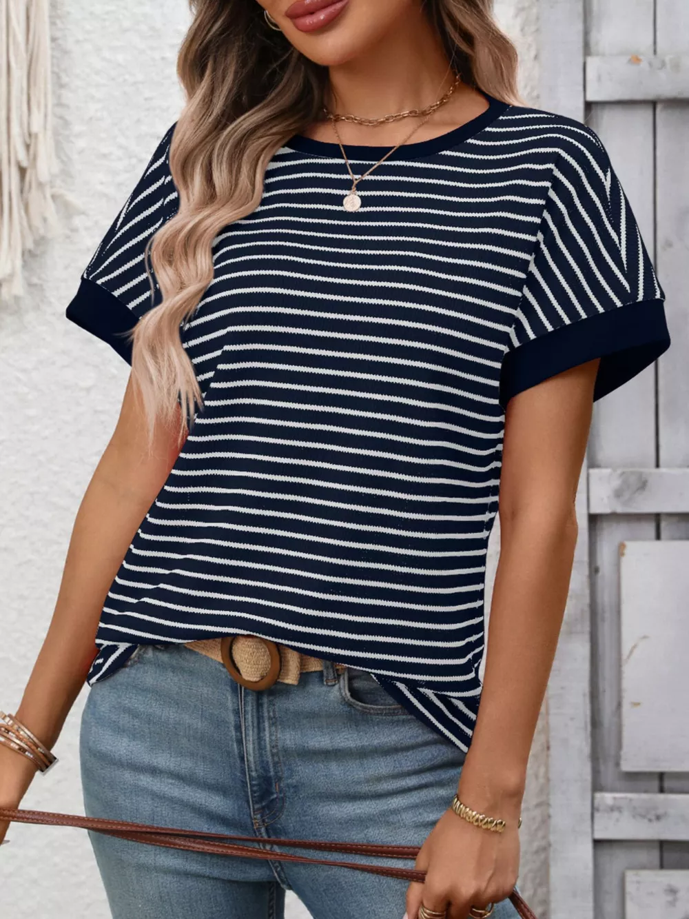 Striped Ribbed Knit Short Sleeve T-Shirt, image 7