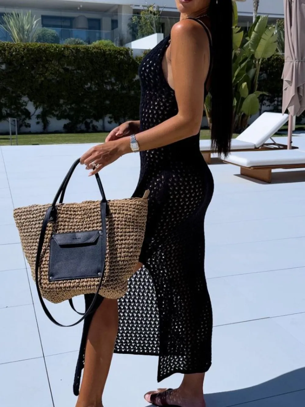 Openwork Slit Scoop Neck Sweater Dress, image 5