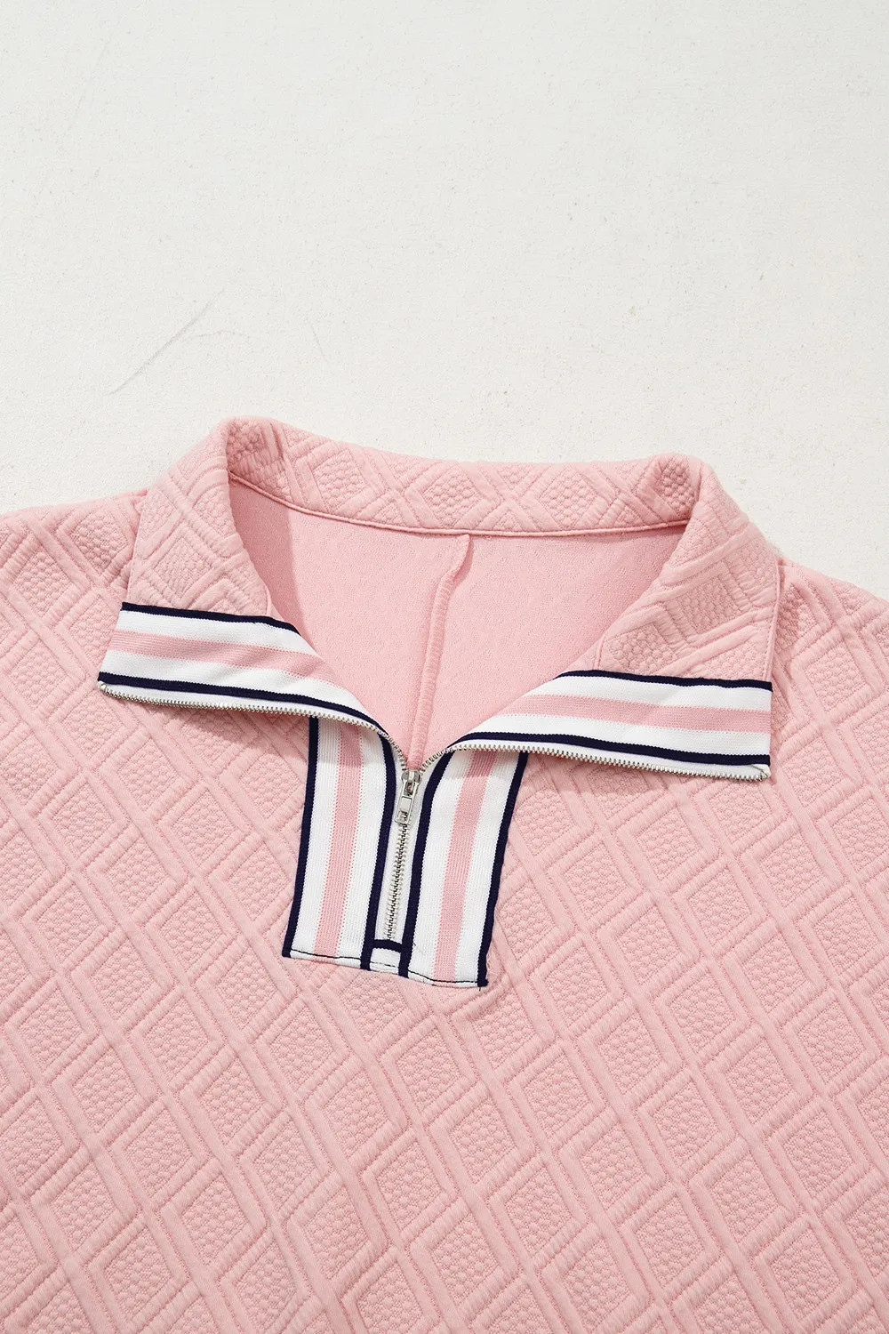 Contrast Striped Collar Patchwork Textured Half Sleeve Blouse, image 13