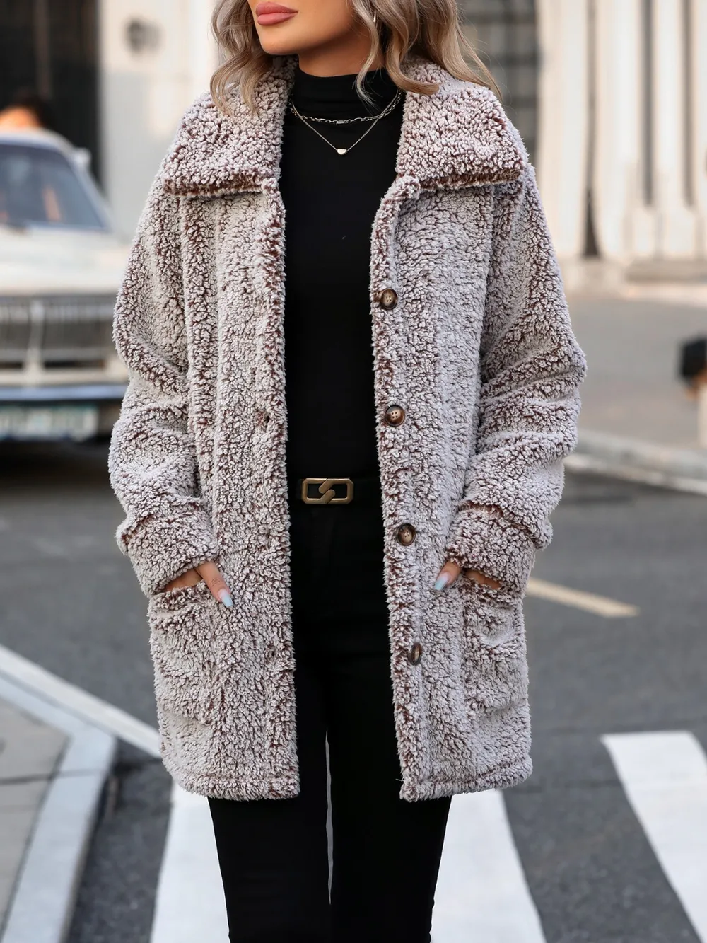 Pocketed Collared Neck Long Sleeve Plush Jacket, image 2
