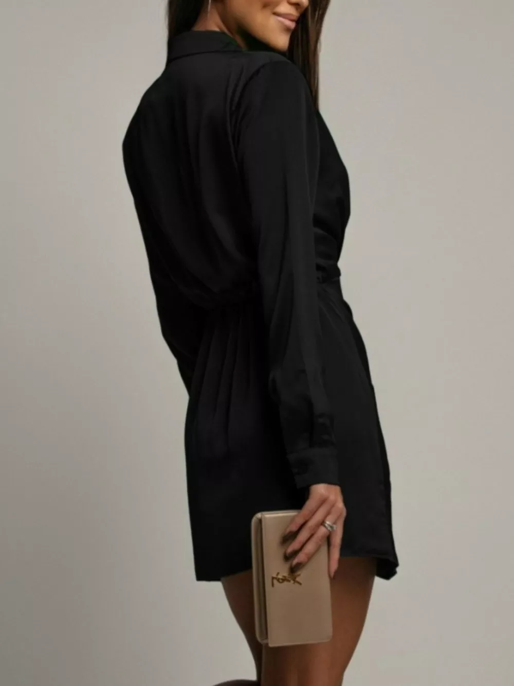 Collared Neck Long Sleeve Satin Dress, image 9