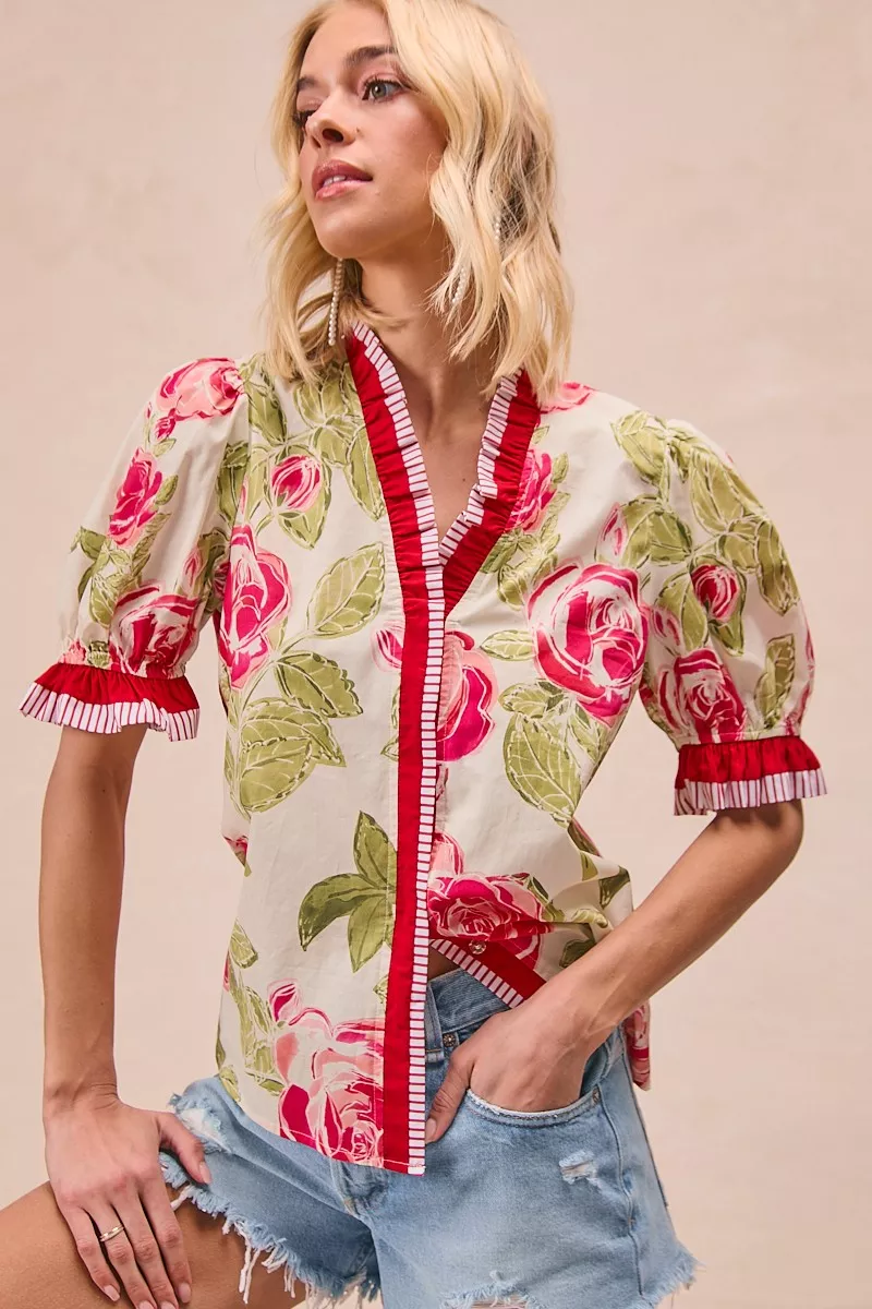 Floral Printed Woven Contrast Edge Ruffled Blouse, image 5