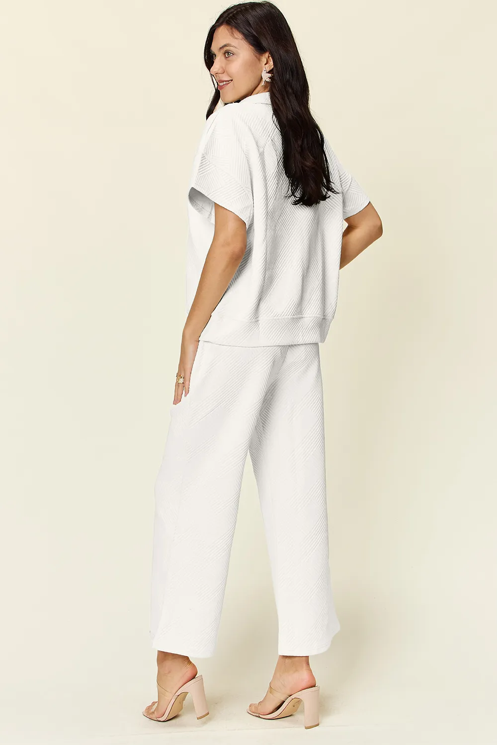Full Size Texture Half Zip Short Sleeve Top and Pants Set, image 12
