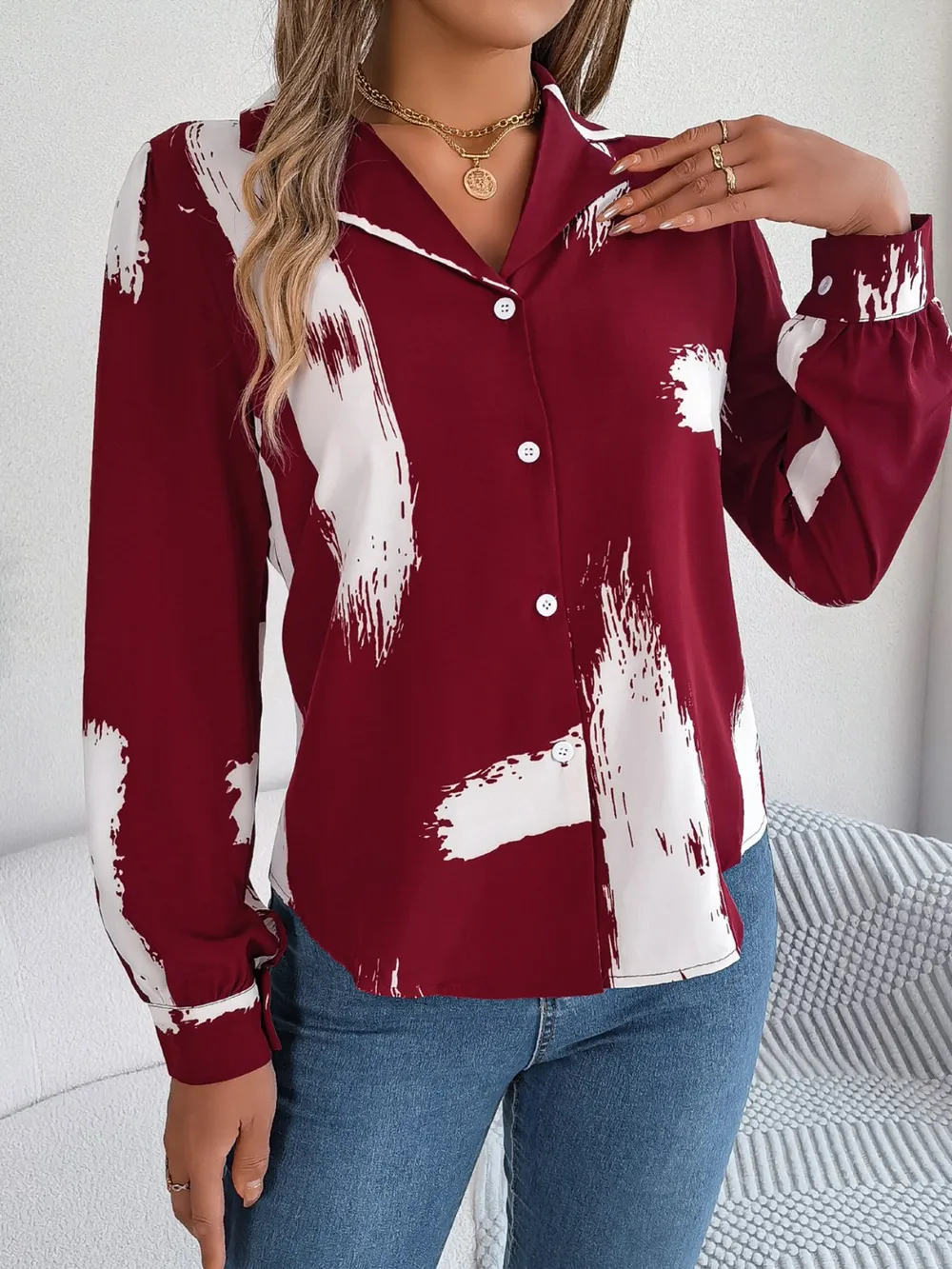 Printed Collared Neck Button Up Shirt, image 10