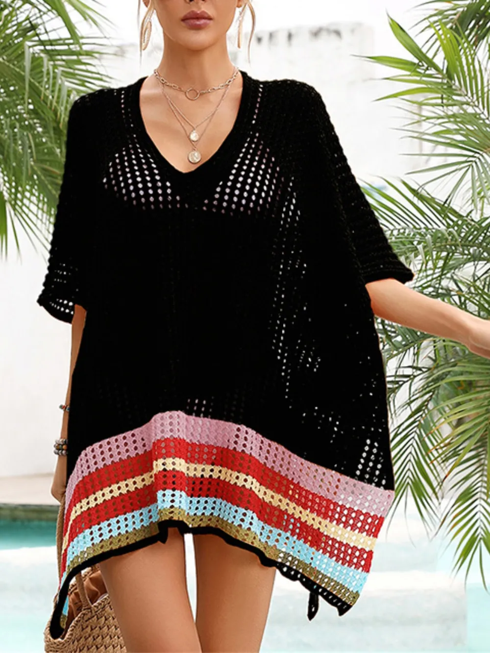 Slit Openwork V-Neck Half Sleeve Cover-Up, image 14