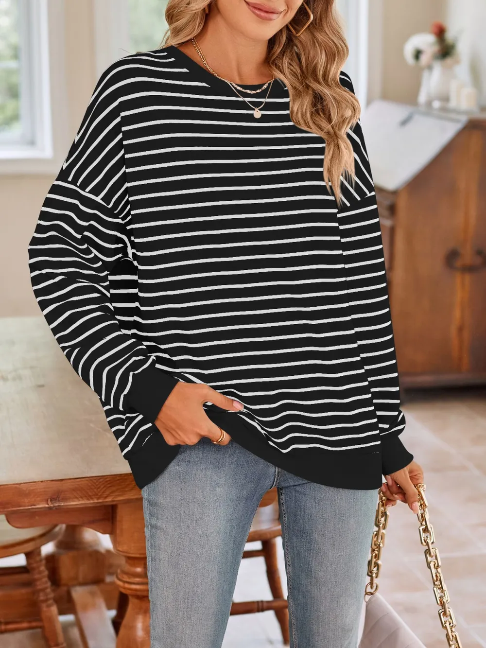 Striped Round Neck Long Sleeve Sweatshirt, image 26