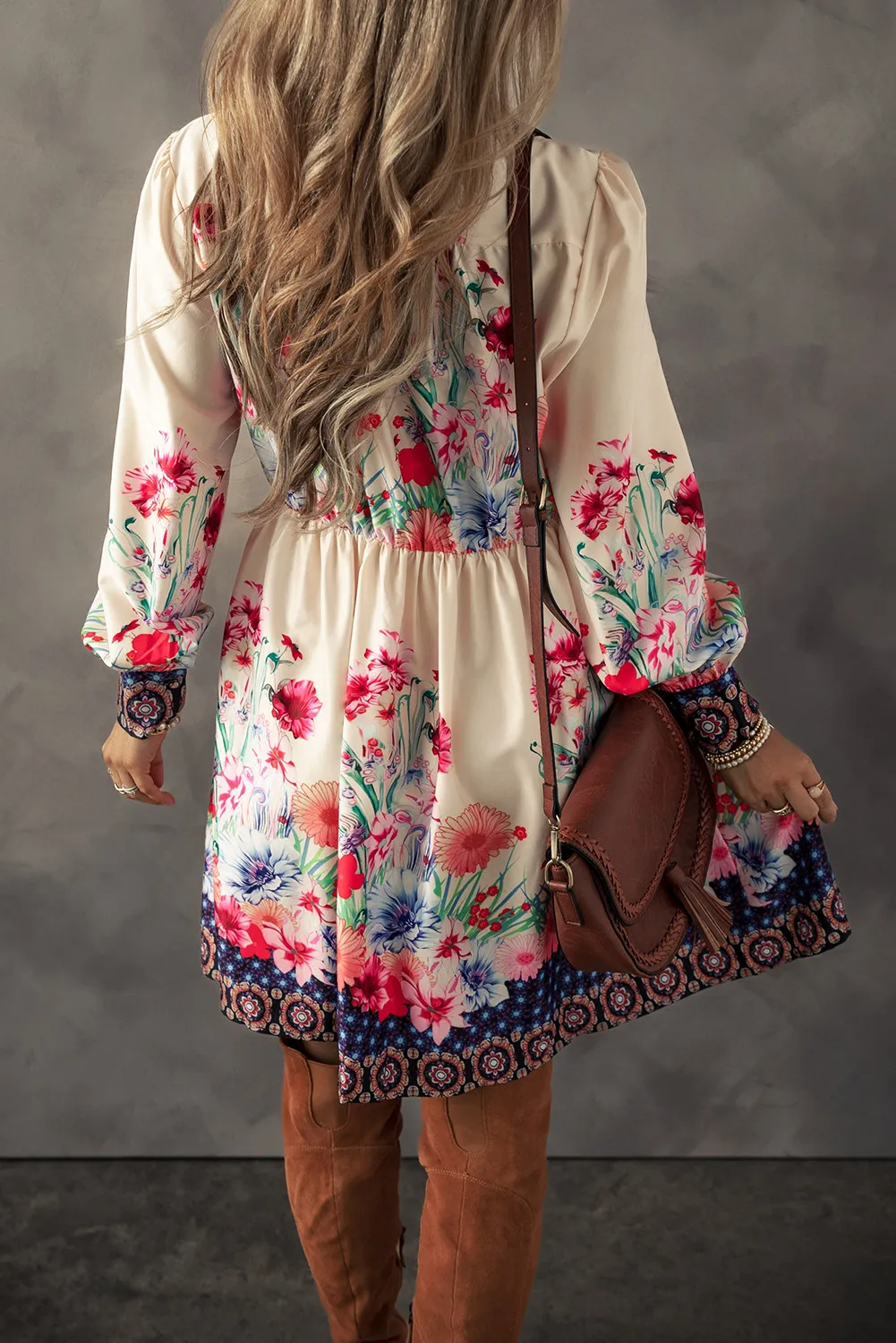 Flower Button Down Lantern Sleeve Dress, image 2