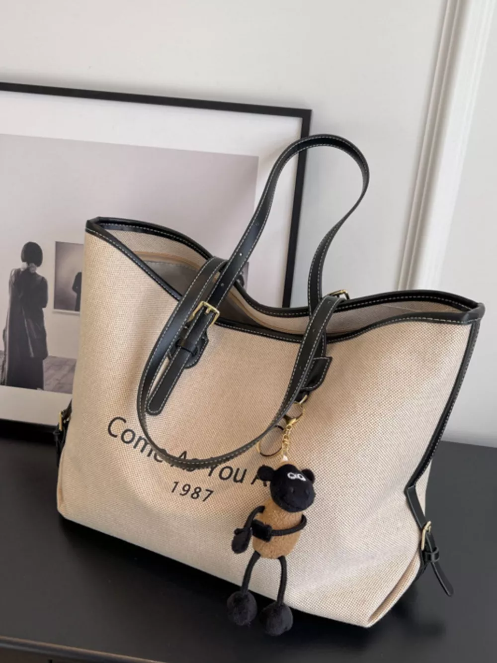 Canvas Tote Shoulder Bag with Charm, image 7