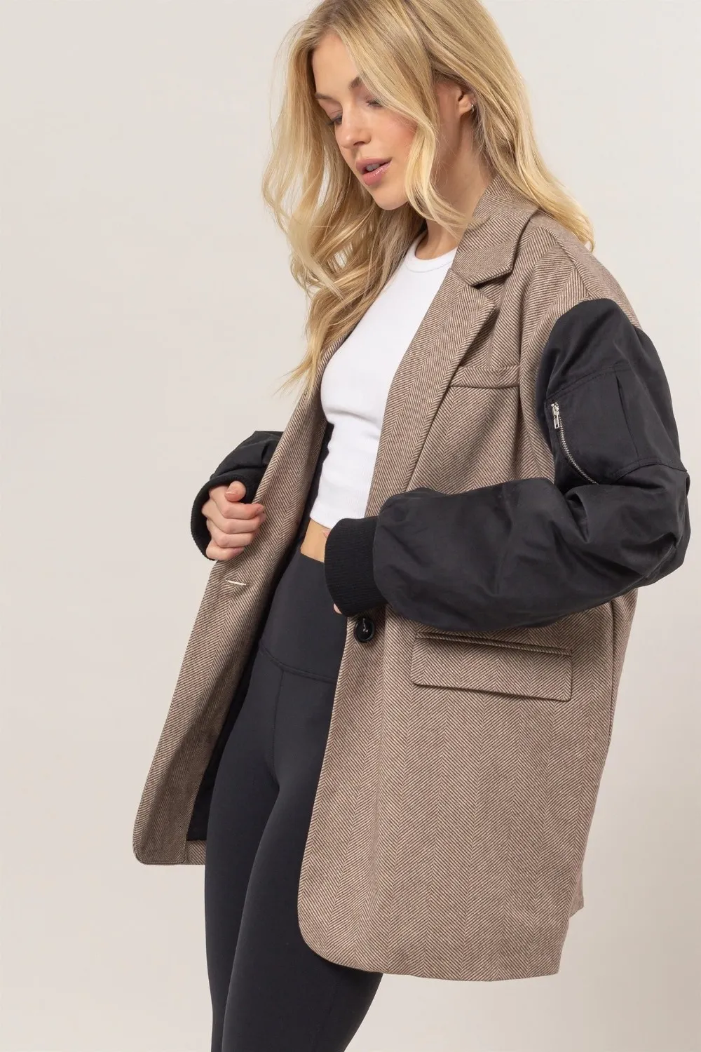 Herringbone Mixed Media Contrast Long Sleeve Blazer, image 3