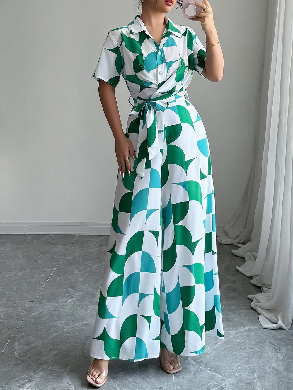 Geometric Print Belted Wide Leg Jumpsuit, image 2