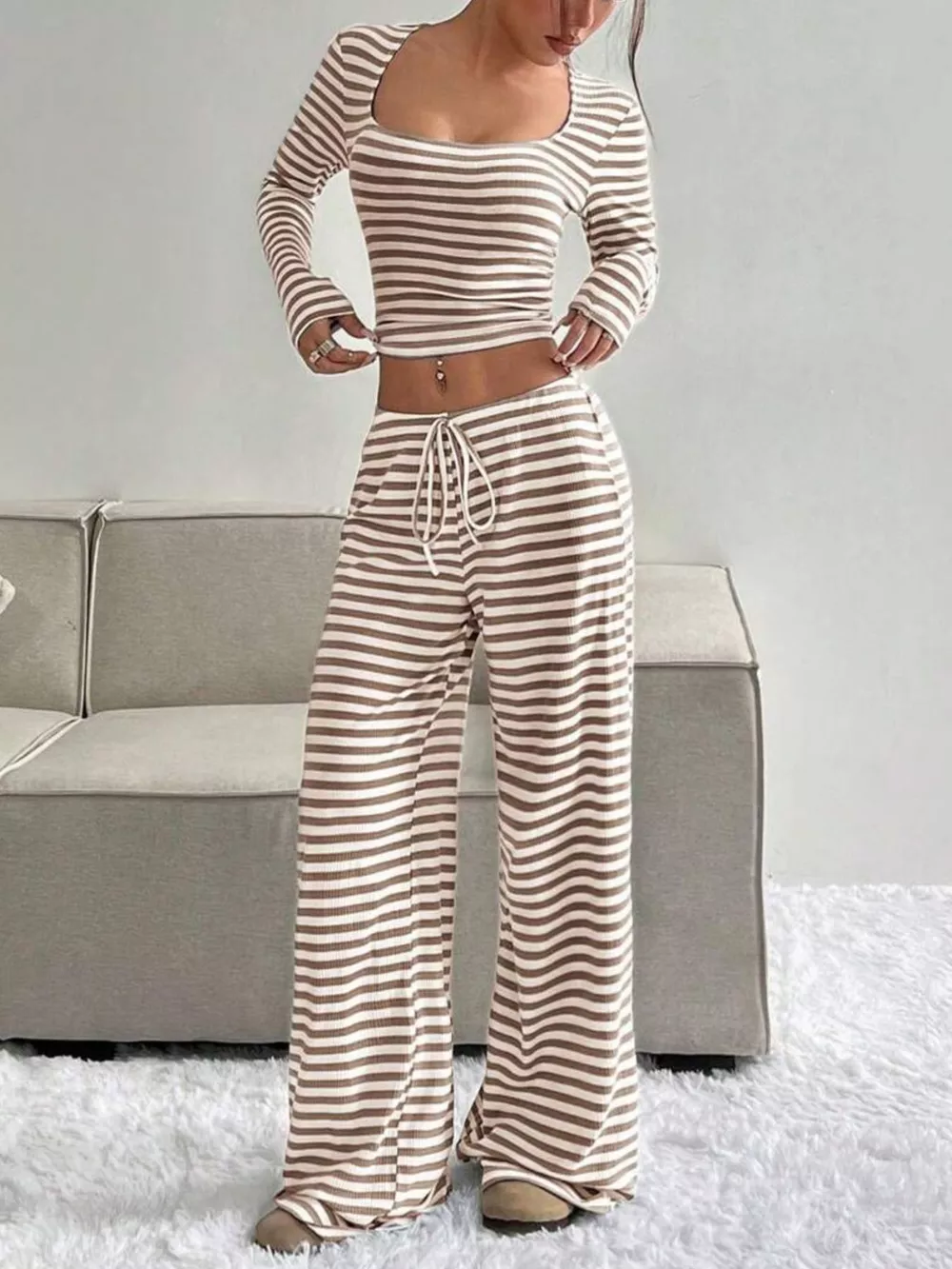 Striped Long Sleeve Crop Top & Wide Leg Pants Set, image 3