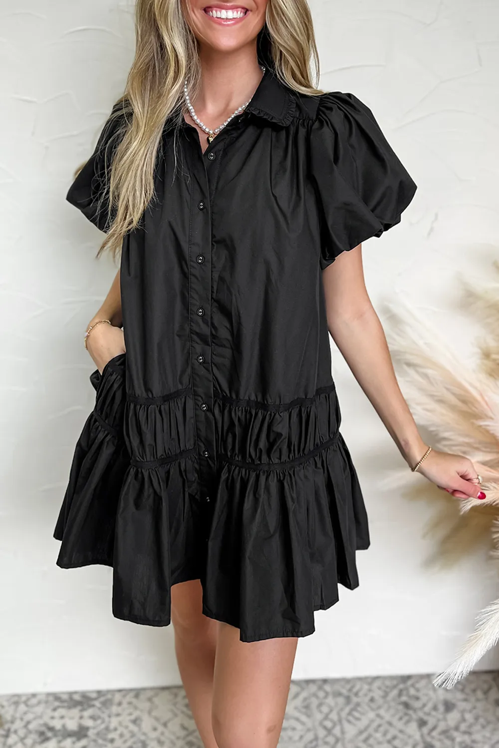 Button Down Puff Sleeve Ruffle Hem Dress, image 11