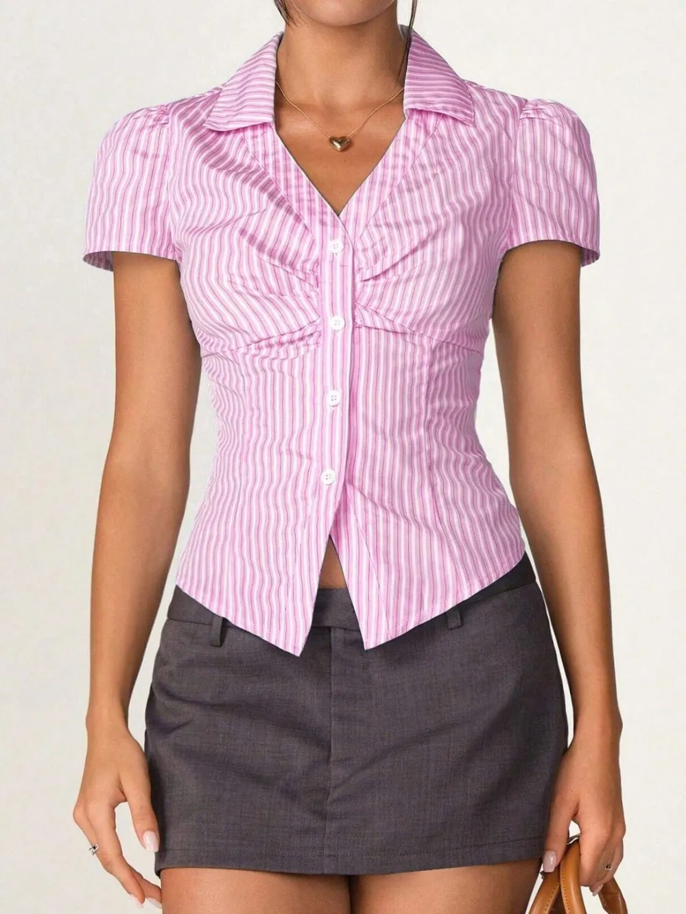 Striped Collared Neck Short Sleeve Shirt, image 3