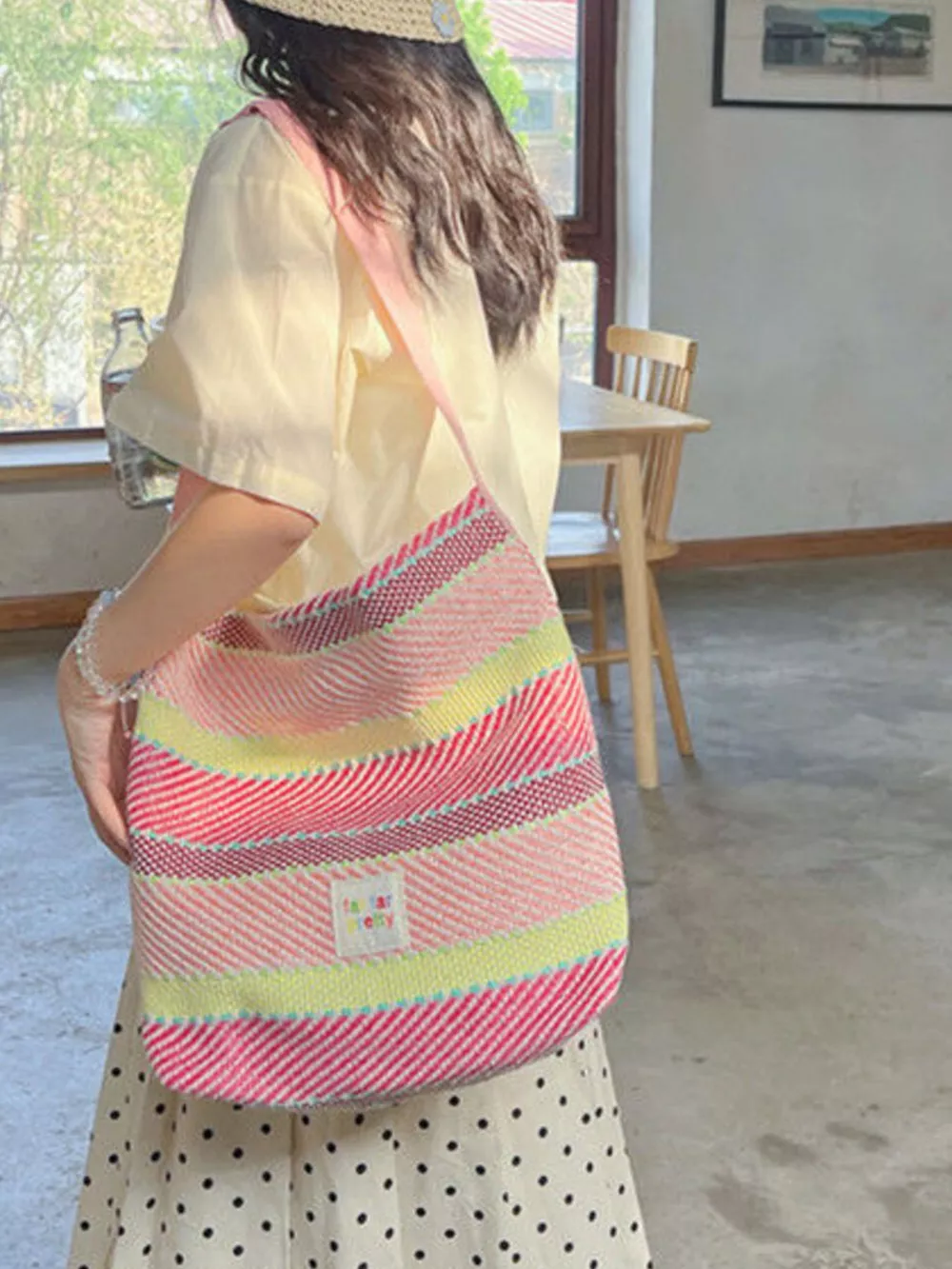 Striped Woven Shoulder Bag with Adjustable Strap, image 2