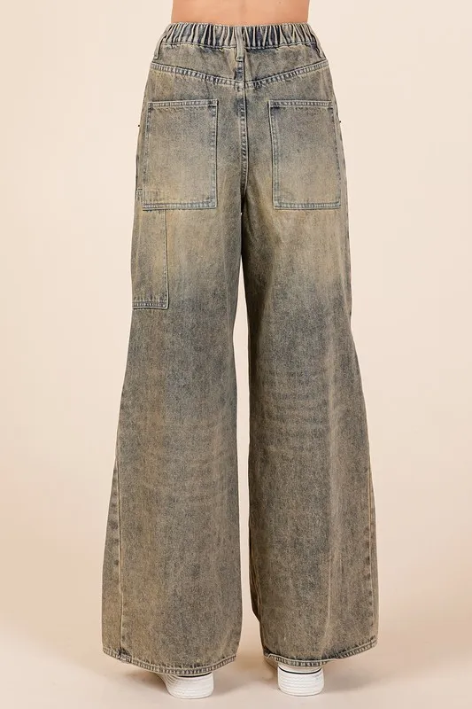 Washed Wide Leg Jeans with Pockets, image 2