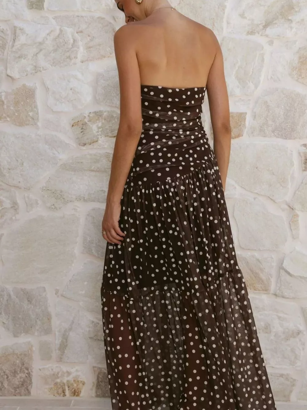 Polka Dot Strapless Ruched Maxi Dress, image 9