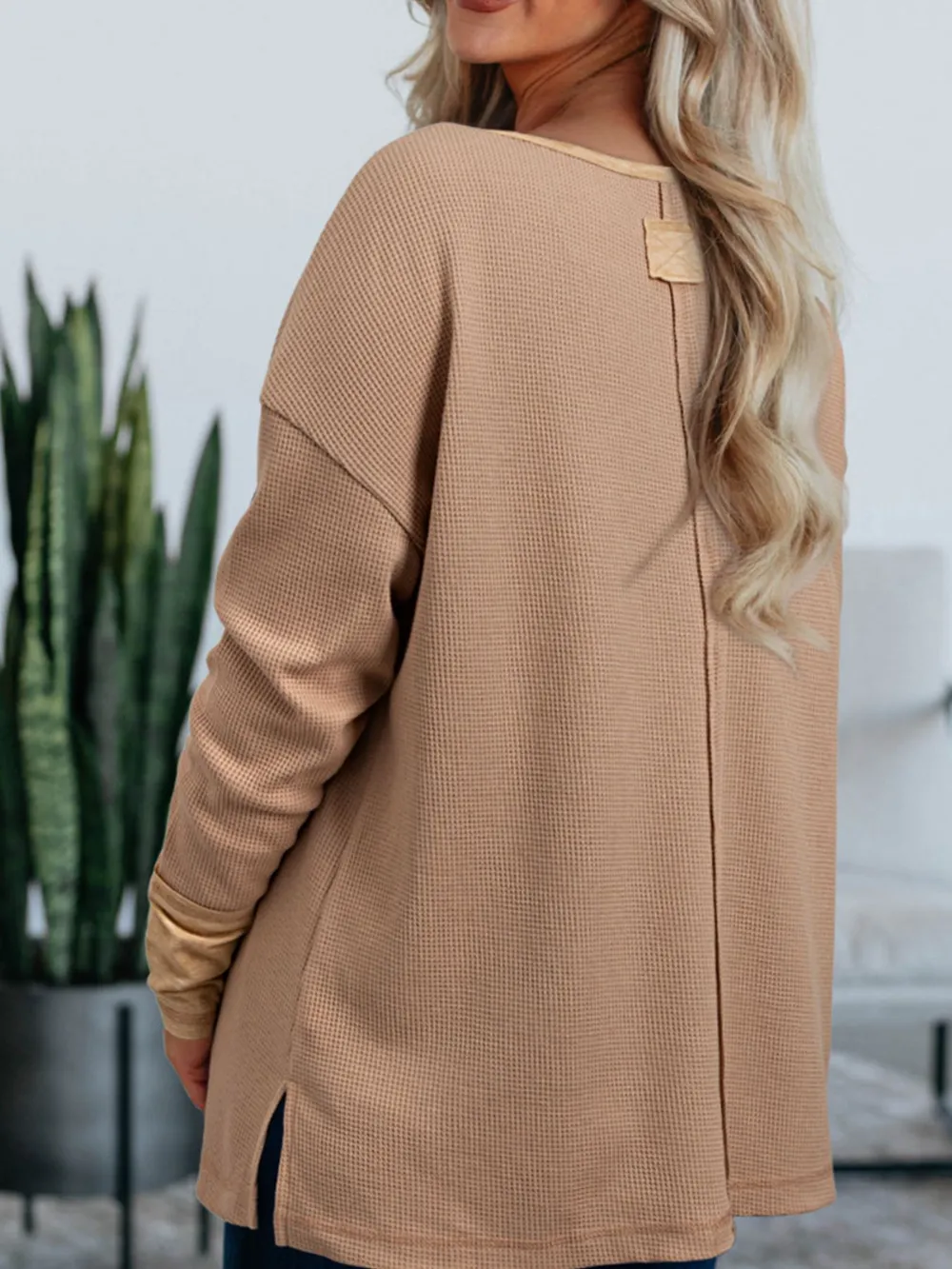 Waffle Textured Tunic Henley Top with Slits, image 4